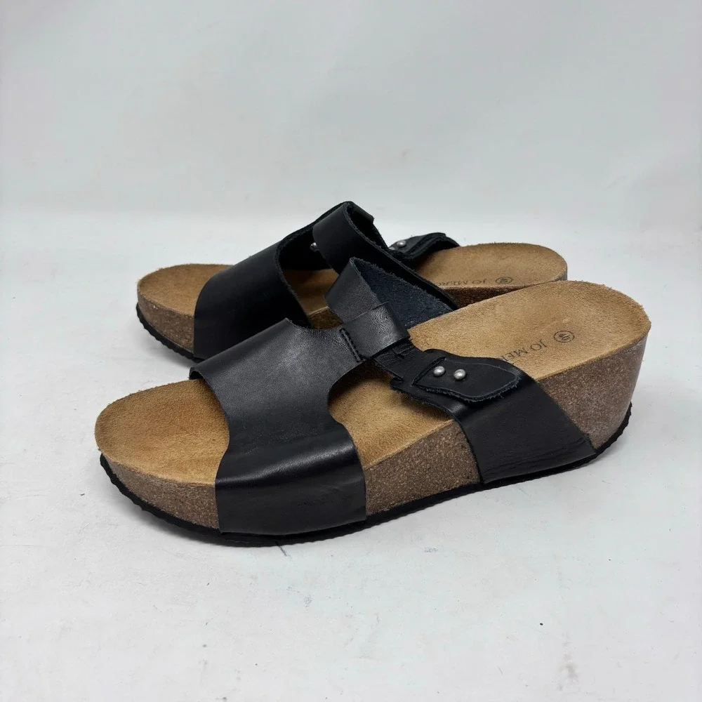 Jo Mercer Sandals Size Eu 40/US 9 Black Leather Adjustable Strap Wedge‎ Womens - Picture 9 of 9